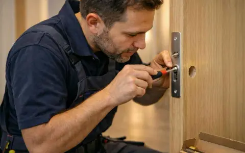 Un serrurier utilise un tournevis pour ajuster une serrure, une étape clé pour savoir comment mesurer un barillet de porte.