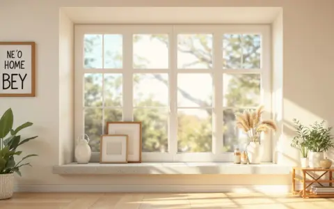 Une fenêtre avec allège pleine, décorée de cadres, de plantes et de vases, baignée de soleil.