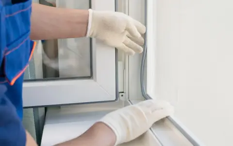 Mains gantées ajustant un joint lors du remplacement d'une fenêtre.
