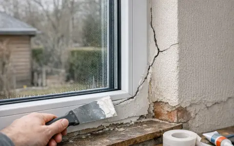 Application d'enduit sur une fissure près d'une fenêtre. Un outil de maçonnerie est utilisé pour réparer le mur extérieur.