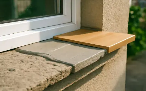 Nouvel appui de fenêtre extérieur en bois clair, remplaçant l'ancien en pierre usée.