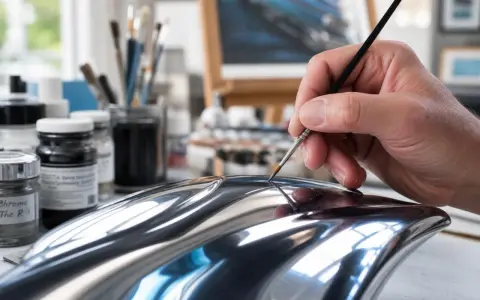 Main d'artiste peignant un objet à la finition chrome, ajoutant des détails subtils pour un réalisme saisissant.