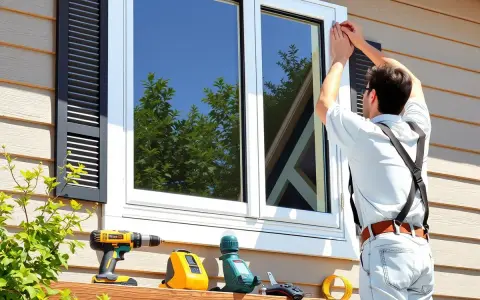 Pose d'une fenêtre en applique pour rénovation. Un ouvrier ajuste le cadre d'une nouvelle fenêtre blanche sur une maison. Outils de pose à proximité.