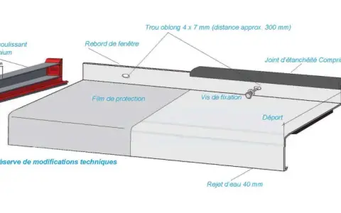 Détail d'un rejingot aluminium avec son embout coulissant, joint d'étanchéité, vis de fixation et bande d'insonorisation.