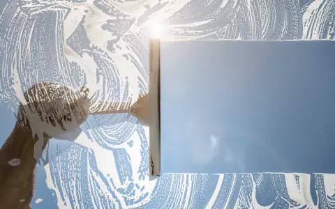 Nettoyage d'une vitre avec une raclette et de la mousse. Le soleil brille à travers la surface savonneuse, créant des reflets. Idéal pour enlever la colle sur vitre.