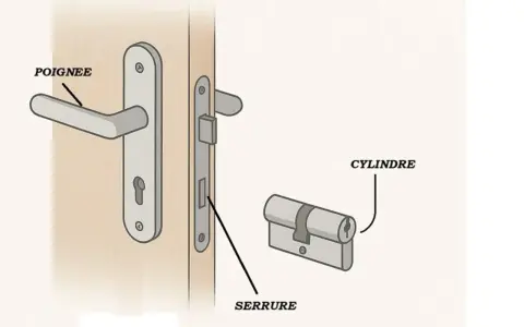Détail d'une serrure : poignée, cylindre et le mécanisme de la serrure sur une porte.