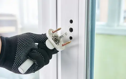 Main tenant en main une nouvelle poignée pour changer poignee fenetre. Le mécanisme est prêt à être installé.