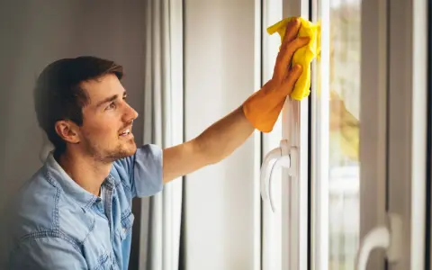 Un homme nettoie une fenêtre en aluminium avec un chiffon jaune. Le soleil brille à travers la vitre.