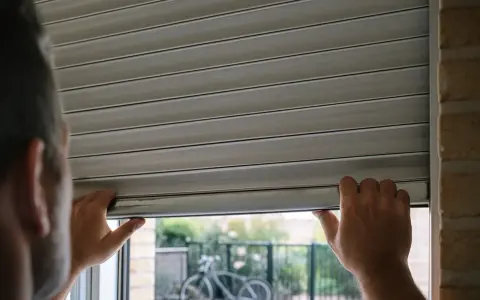 Un homme essaie de remonter son volet roulant qui ne fonctionne plus après coupure de courant. Il tient le bas du volet avec ses deux mains.