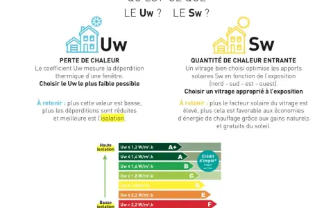Le coefficient Uw mesure la perte de chaleur d'une fenêtre. Une menuiserie alu avec un Uw bas assure une meilleure isolation.