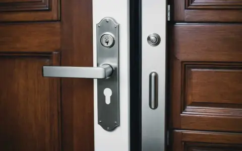 Poignée et serrure argentées sur une porte d'entrée en bois sombre.