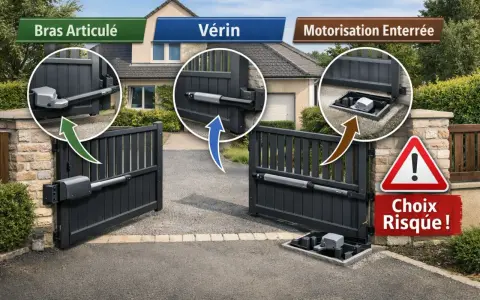 Trois types de motorisation de portail : bras articulé, vérin, et motorisation enterrée. Le choix de la motorisation portail en applique est crucial pour la sécurité.