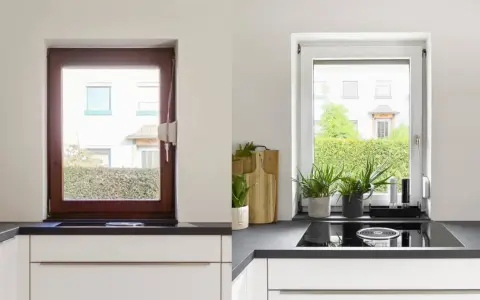 Avant/après : une fenêtre en bois marron est transformée en une fenêtre blanche lumineuse, apportant plus de clarté à la cuisine.