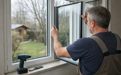 Un ouvrier installe une nouvelle fenêtre, remplaçant un ancien vitrage simple. Un jardin et un cabanon sont visibles à travers la vitre.