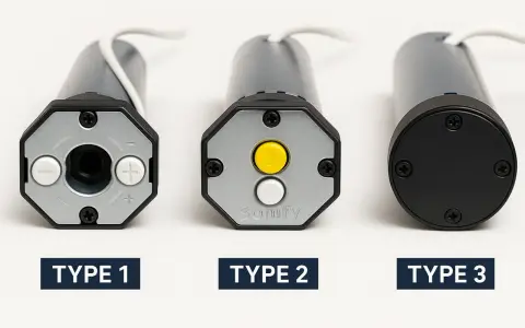 Trois moteurs tubulaires pour volet roulant électrique : Type 1 avec boutons +/- , Type 2 Somfy avec boutons jaune et blanc, Type 3 avec capot noir.