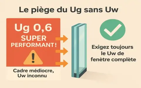 Le piège du Ug sans Uw : un Ug de 0,6 super performant peut cacher un cadre médiocre et un Uw inconnu. Exigez toujours le Uw de la fenêtre complète.