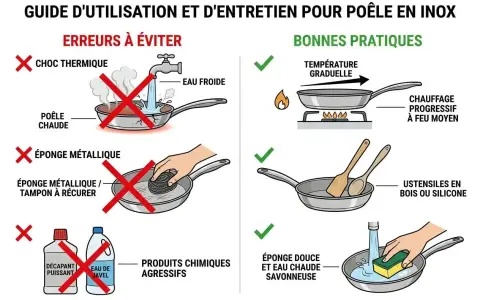 Guide pour nettoyer acier inoxydable noirci : éviter choc thermique, éponges métalliques et produits agressifs. Privilégier chauffage progressif et nettoyage doux.