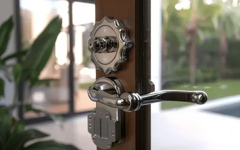 Poignée de porte en métal chromé, avec un bouton rotatif et un loquet, un type de serrure élégant pour une entrée moderne.