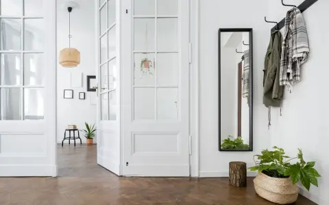 Un couloir lumineux avec une porte vitrée blanche ouverte, un miroir, des manteaux sur un porte-manteau et des plantes. Idéal pour un projet de relooker porte.
