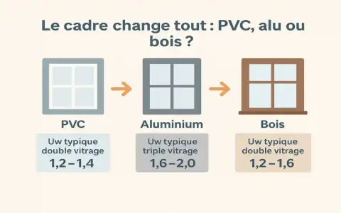 Comparaison des cadres de fenêtres : PVC, aluminium et bois. Le coefficient Uw varie selon le matériau et le vitrage, influençant l'isolation.