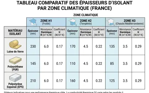Tableau comparatif des épaisseurs d'isolants (laine de verre, polyuréthane, polystyrène expansé) par zone climatique en France, incluant le coefficient de transmission surfacique U.