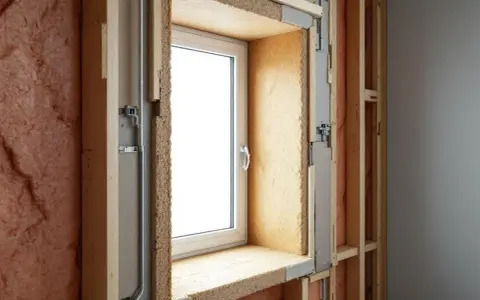 Vue rapprochée d'une fenêtre en cours d'installation, montrant l'isolation et la structure en bois. Idéal pour ceux qui veulent changer fenêtre soi même.
