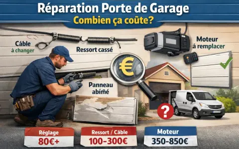 Réparation porte de garage : coût du remplacement moteur, ressort, câble ou panneau. Estimation des prix.
