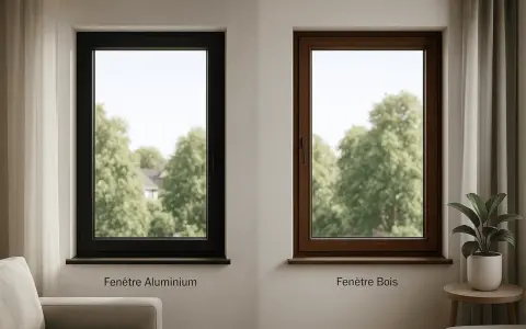 Fenêtre aluminium noir et fenêtre bois brun, deux options de menuiserie mixte pour un intérieur lumineux.
