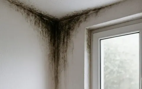 Moisissure noire envahissant le coin d'une pièce, signe d'un **rupture pont thermique** et d'une mauvaise isolation.