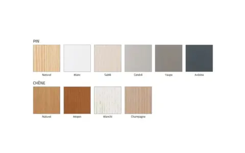 Échantillons de couleurs de bois : pin naturel, blanc, sablé, cendré, taupe, ardoise ; chêne naturel, moyen, blanchi, champagne. Le ral 9100 sablé est une teinte claire et douce.
