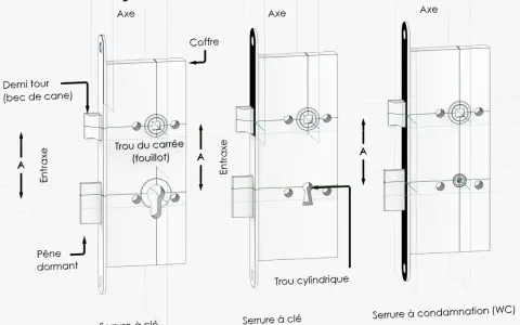 Schéma expliquant comment mesurer une serrure : axe, entraxe, coffre, pêne dormant, trou carré et cylindrique.