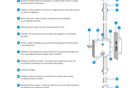 Schéma d'une serrure 3 points expliquant comment mesurer ses composants : gâche, têtière, pênes, fouillot, coffre, béquille, cylindre, tringles.