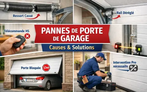 Le moteur de ma porte de garage ne fonctionne plus : ressort cassé, télécommande HS, rail déréglé, porte bloquée. Intervention pro nécessaire.