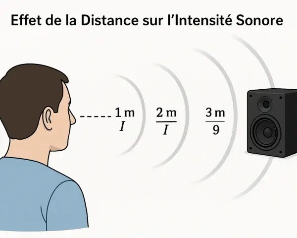 Illustration montrant l'effet de la distance sur l'intensité sonore. L'intensité diminue avec la distance, suivant une échelle des db.