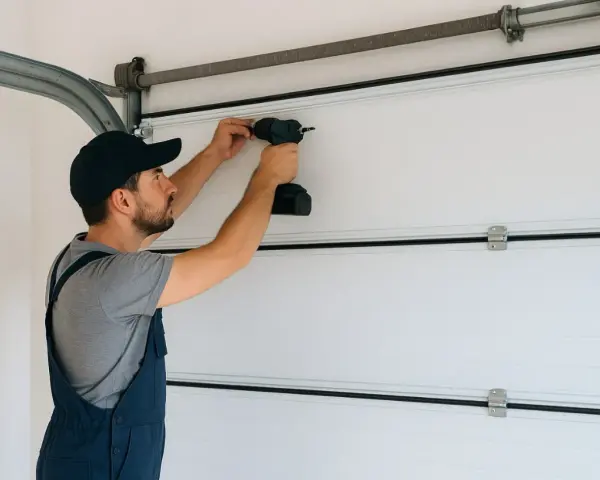 Un technicien effectue la fixation moteur porte de garage avec une perceuse.