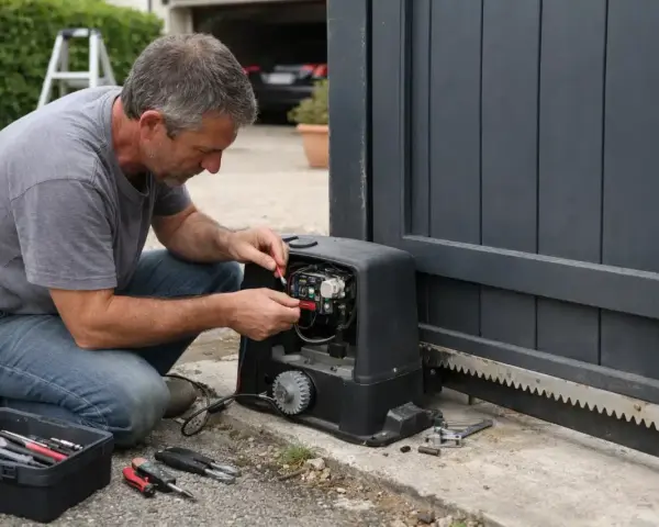 Un homme répare le moteur d'un portail électrique coulissant. Outils à proximité.
