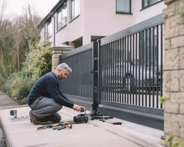 Un homme ajuste le moteur d'un portail automatique. Outils et pièces sont disposés sur le trottoir, prêts pour l'installation.