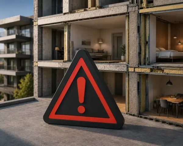 Panneau d'avertissement devant un bâtiment en coupe montrant l'isolation, soulignant l'importance de l'atténuation acoustique pour le confort.