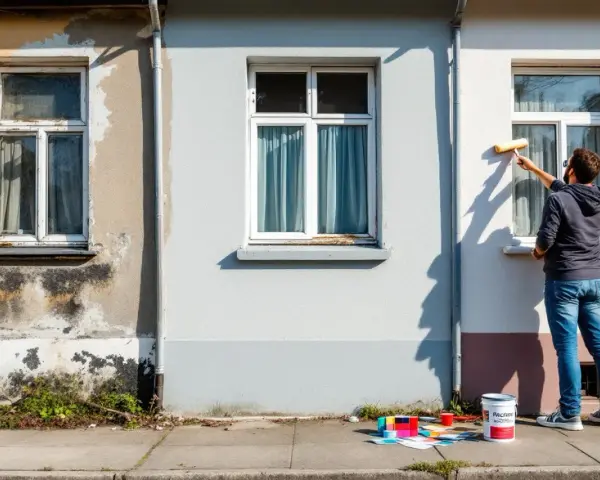 Un homme peint une fenêtre extérieure. Des pots de peinture et des nuanciers sont posés sur le trottoir, prêts pour la décoration de fenêtre extérieur.