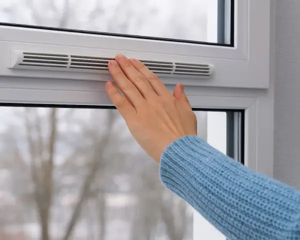 Main tenant ajuste la ventilation d'une fenêtre pour un confort optimal, même par temps froid.