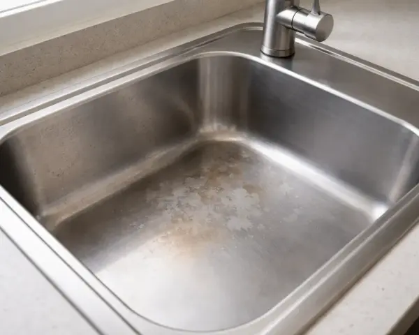 Évier en inox taché par acide, montrant des marques de corrosion sur le fond.