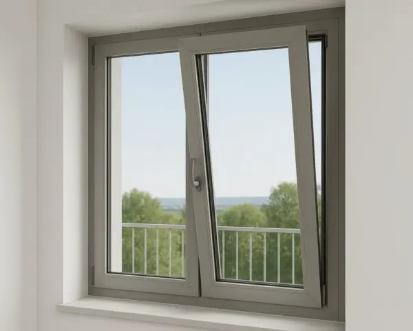 Fenêtre grise avec une ouverture par le haut, laissant entrer la lumière et offrant une vue sur des arbres verdoyants et un ciel bleu.