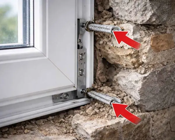 Fixation d'une pose fenêtre bois dans un mur en pierre. Les flèches rouges indiquent les fixations métalliques.
