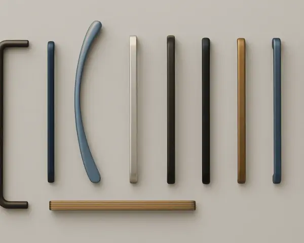 Poignées de meubles aux finitions variées, du bronze patiné au bleu moderne, sans signe de zamak corrosion.