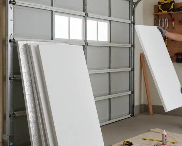Une personne prépare des panneaux pour isoler une porte de garage. Des feuilles de polystyrène blanc sont empilées, une est tenue par des mains gantées.