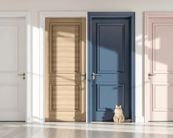 Un chat roux hésite devant quatre portes intérieures : blanche, bois clair, bleu marine et rose pâle. Quelle couleur choisir pour les portes intérieures ?