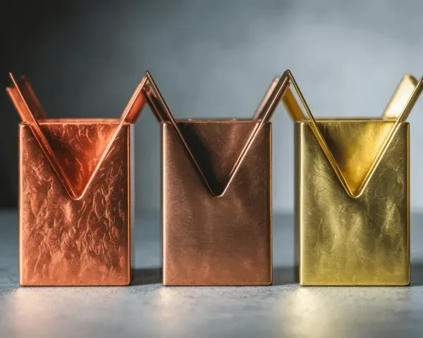 Trois porte-stylos aux formes géométriques, dont un en couleur laiton, sur un fond sombre.