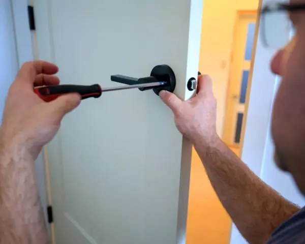 Un homme utilise un tournevis pour changer le ressort de rappel d'une poignée de porte noire.