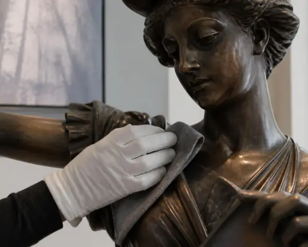 Gant blanc nettoyant délicatement une statue en bronze. Apprenez comment nettoyer bronze pour préserver sa beauté.