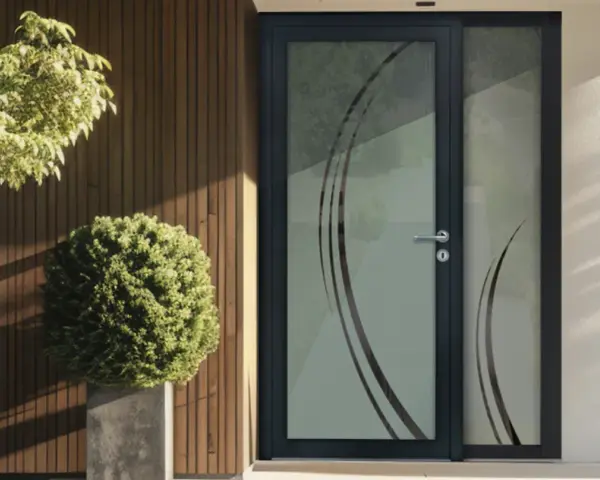 Porte d'entrée moderne avec un type de vitrage décoratif aux motifs courbes. Un arbuste et un arbre apportent une touche de verdure.